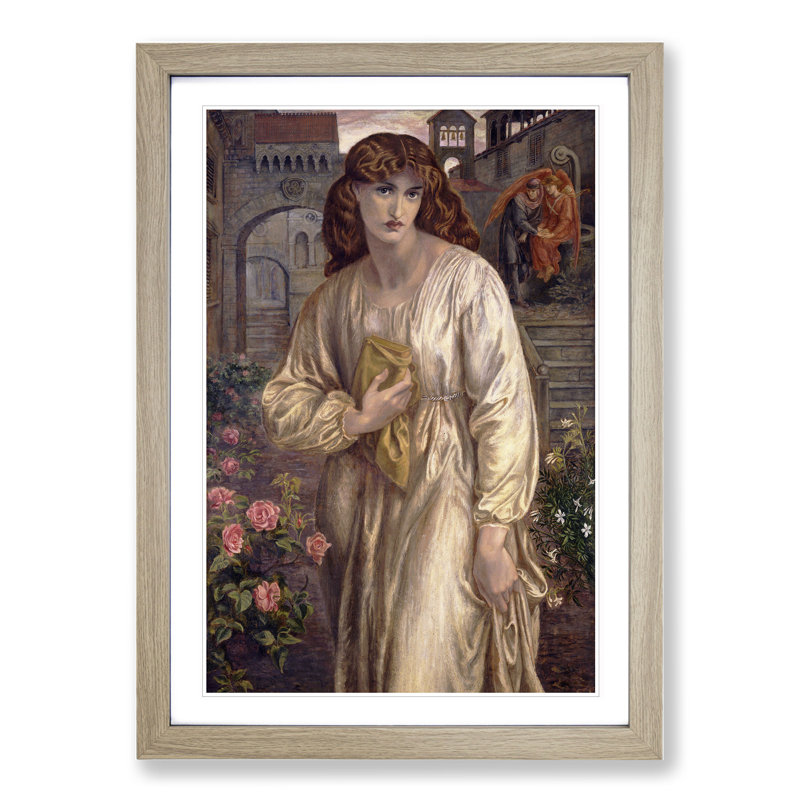 Salutation of Beatrice by Dante Gabriel Rossetti - Picture Frame Painting on MDF, 65cm H x 48cm W x 2cm D, Oak Framed