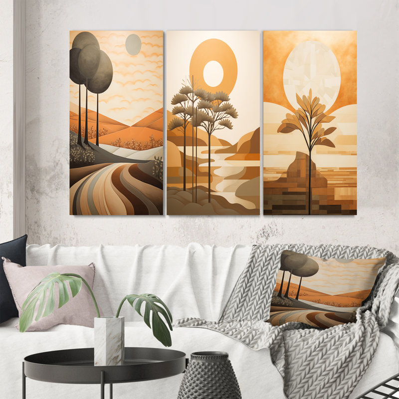 «Full Moon River Glow Retro Landscape», 3 pièces, Toile tendue, H 60 po x l 40 po