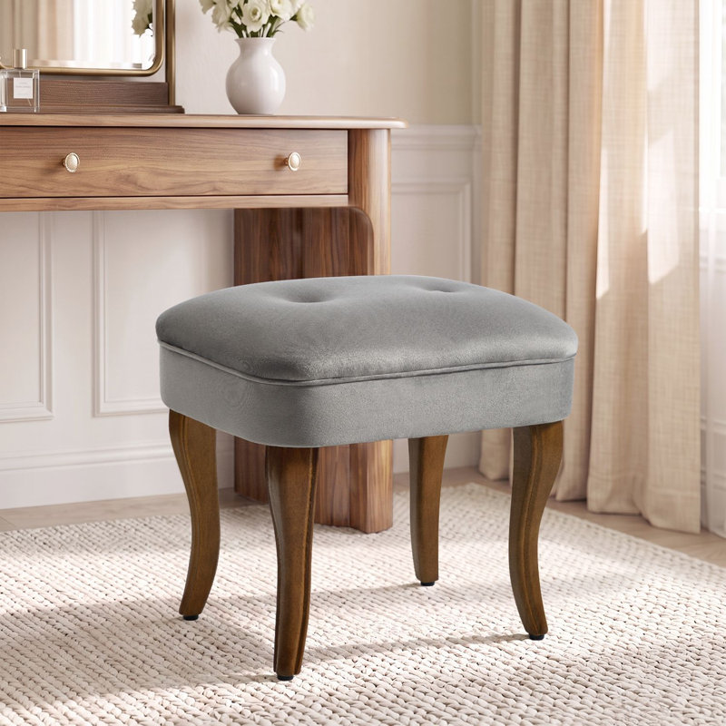Tabouret de coiffeuse rembourré de 18,5 pouces avec pieds en bois massif, Gris
