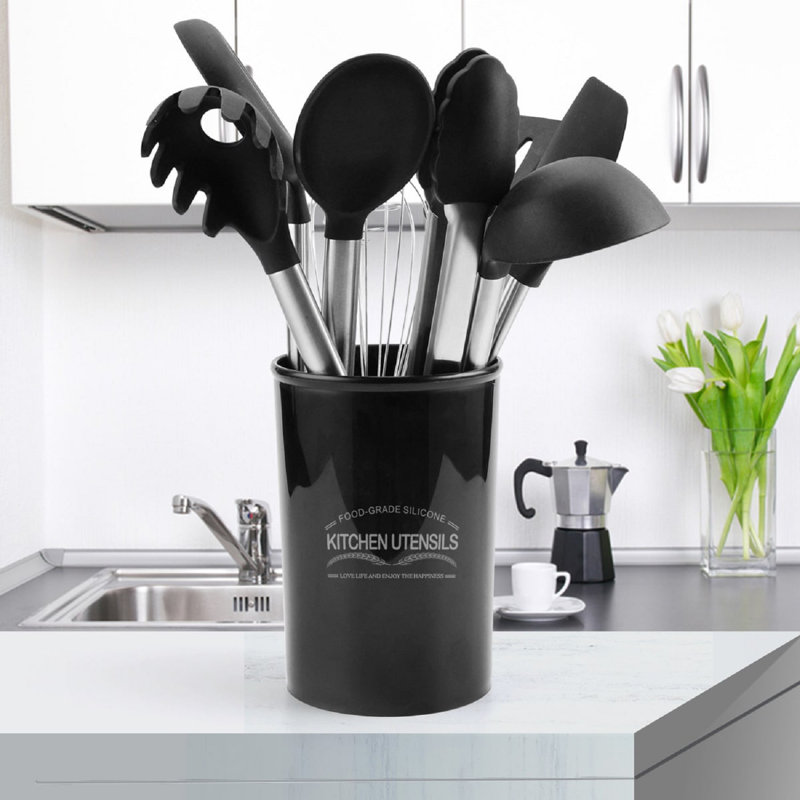Ensemble 9 pièces d'ustensiles de cuisine en silicone, ensemble d'ustensiles en silicone antiadhésif résistant à la chaleur avec poignée en acier inoxydable