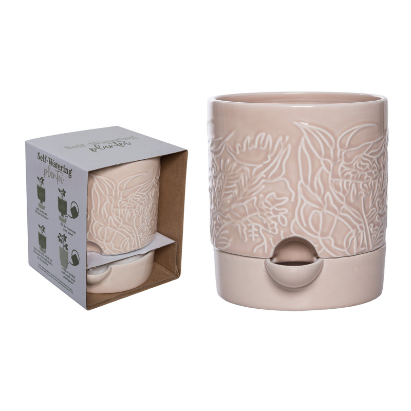 Large Dolomite Botanical Cream Self Water Plante, Planter Pots, Pink, Ceramic, Countertop, Living Room, Spring, Garden