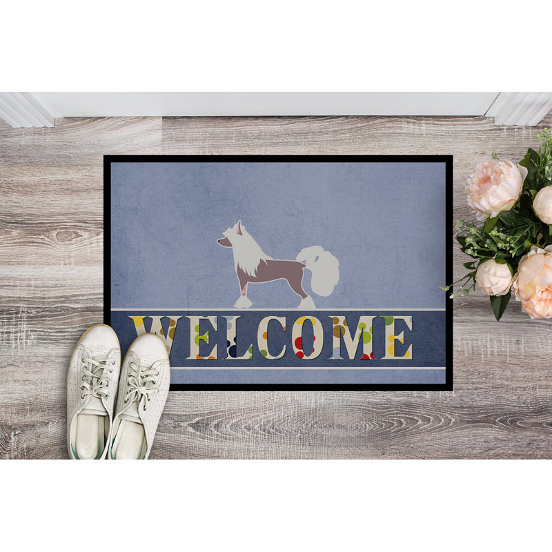 Welcome Non-Slip Outdoor Door Mat, Chinese Crested, Rectangle 2' x 3'