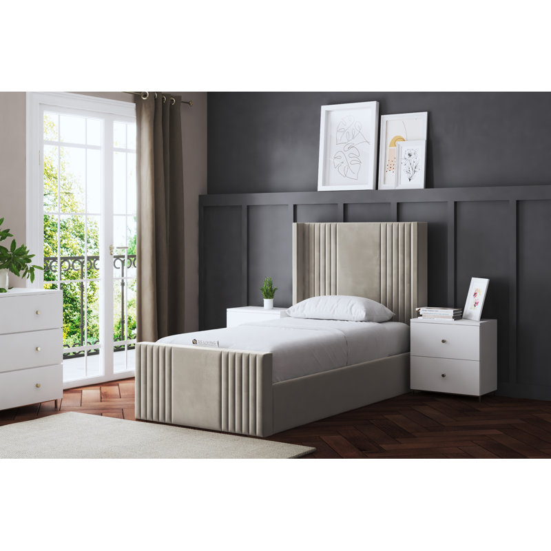 Elara Winged Ottoman Panel Bed with Headboard, Beige, Single (3')