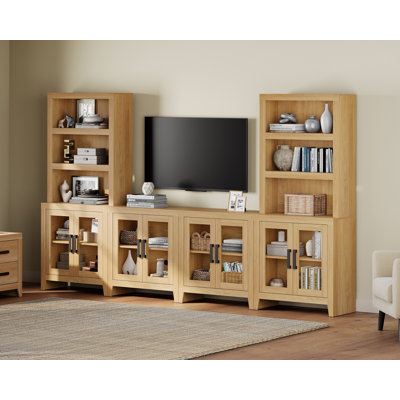 Farmhouse Entertainment Center With Bookshelves, 4-Piece Modular TV Stand With Storage Towers, Glass Doors, Open Shelves, Media Console For Living Room, Home Theater