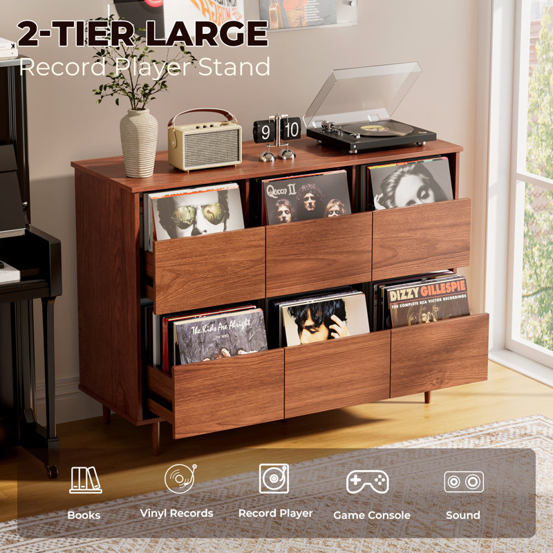 Mid-Century Record Player Stand with Vinyl Storage, Large Media Cabinet with Drawers for Living Room