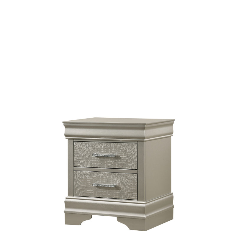 Table de chevet grise avec tiroir en crocodile gris - guides, construction, poignées en cristal 23,18 po Hauteur, profondeur de 21,03 po, largeur de 15,25 po, poids de 31,25 lb, fabrication, poignées élégantes, po