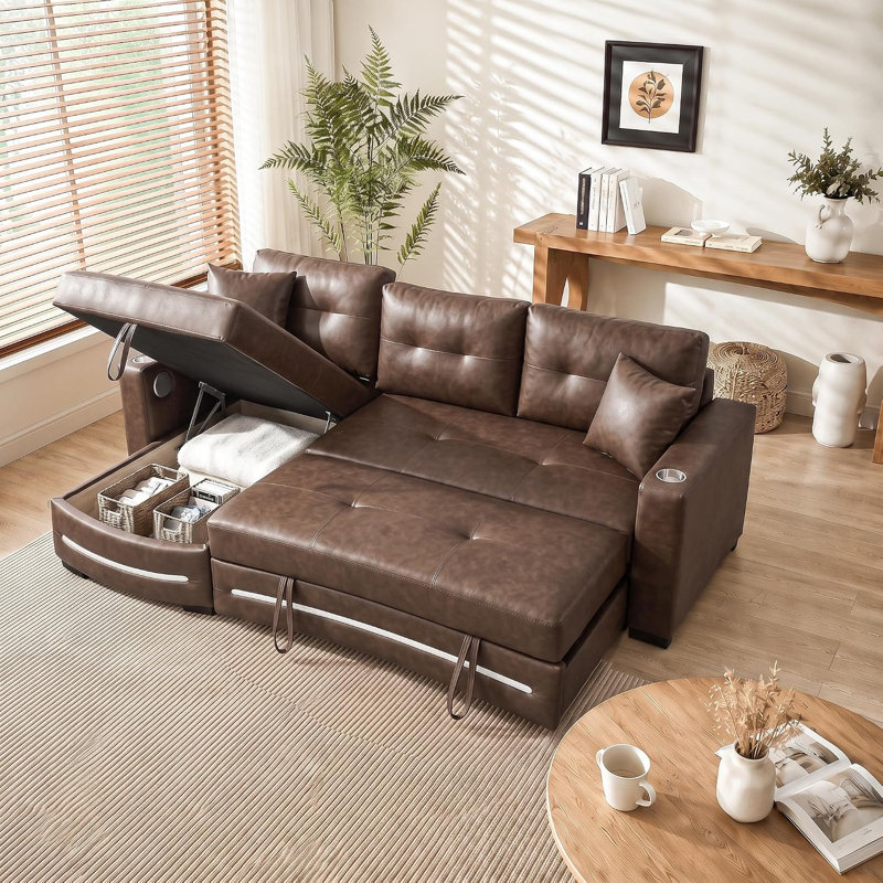 2-in-1 Sofa Bed with Storage, Charging & Bluetooth – Space-Saving for Apartments, Brown, Left Hand Facing
