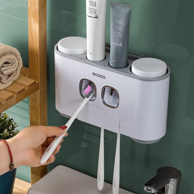 Porte-brosses à dents avec distributeur de dentifrice fixé au mur pour la salle de bain-4 tasses à dent automatique automatique Past Bluetooth-Organisateur de salle de bain Accessoires de rangement pour enfants avec 5 fentes pour brosse à dents