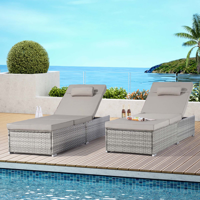 Outdoor Chaise Lounge Chair Set Of 2 With Patio Pool Chairs Tanning Lounges For Outside,Beach Rattan Recliners With Adjustable Backrest,Cushion For Poolside Backyard Garden