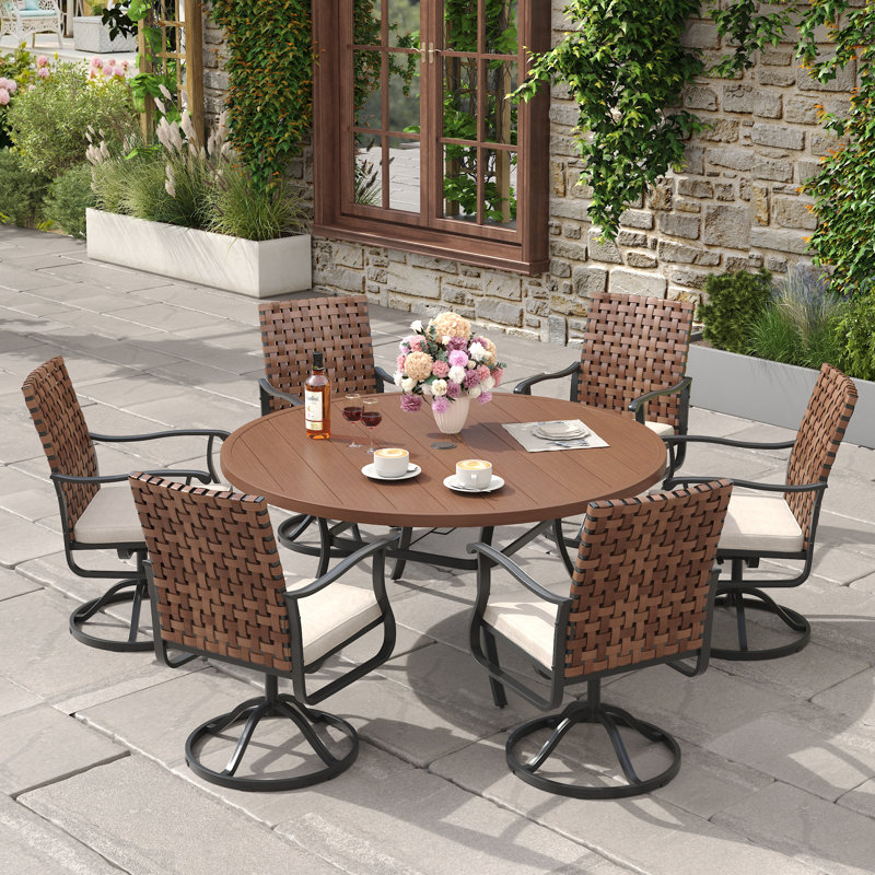 6-Person Outdoor Patio Dining Set With Wicker Swivel Chair, Walnut