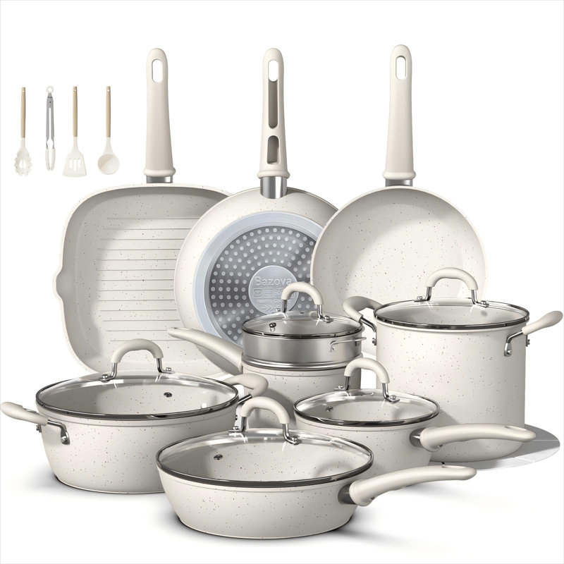 Ensemble de 24 casseroles et poêles antiadhésives, ensemble de batterie de cuisine en céramique avec marmite de 8 pintes, batterie de cuisine saine non toxique, grande capacité, compatible avec l'induction, sans PFAS / PTFE / PFOA / PFOS, blanc crème