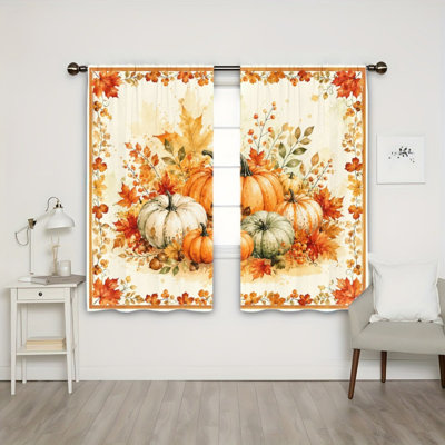 2PCS Rod Pocket Light Filtering Curtains, Autumn Harvest Pumpkin Floral Fall Leaves Printed Drapes, Cozy Seasonal Decor, All Season Window Treatments for Living Room Bedroom Kitchen Home Decoration