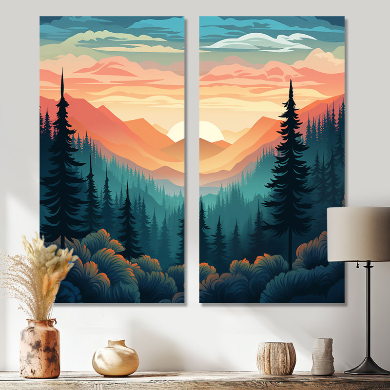 Décoration de montagne au coucher du soleil sur les arbres de la forêt - grandes montagnes, H 32 po x l 32 po, Toile tendue