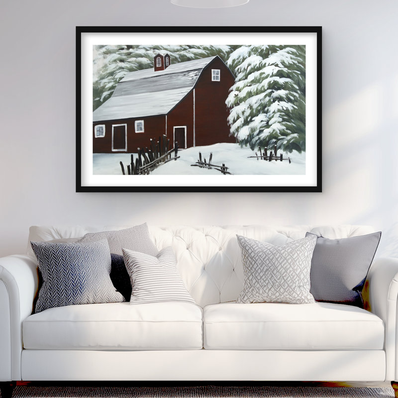Red Barn in Snow - Rustic Matted Print for Home Decor