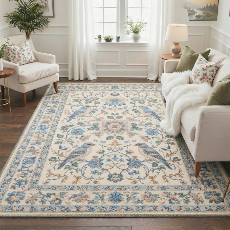 Aura Floral Machine Washable Beige / Blue Indoor Area Rug with Non-Slip Backing, Rectangle 9' x 12'