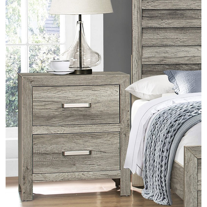 Table de chevet 2 chambres en placage de faux bois, gris vieilli, table en placage de nickel, gris, 2 tiroirs, poignées à tirer