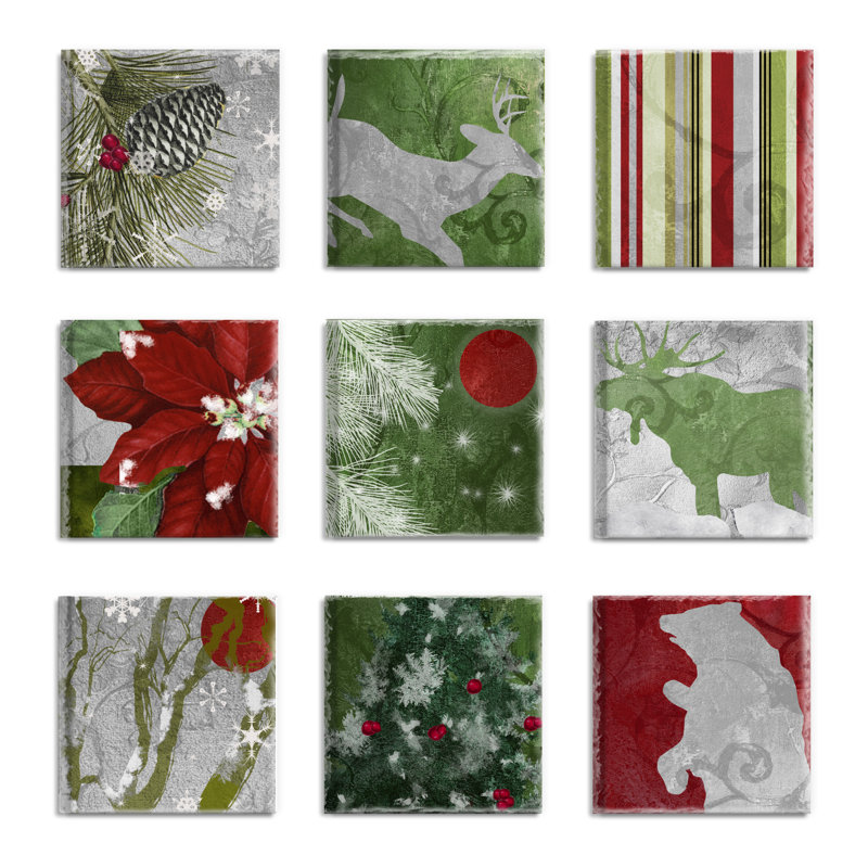 « silver/rouge/vert nature christmas », ensemble de 9 toiles d’art murales