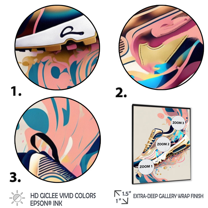 " Pink And Blue Deco Sport Shoes ", Black Picture Framed Canvas, 32" H x 16" W x 1" D