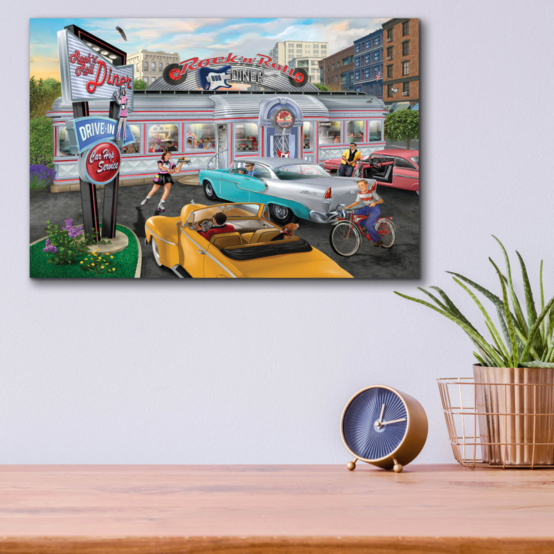 «Rock N Roll City Diner» par Bigelow, illustrations sur verre acrylique, H 12 po x l 16 po x P 0,13 po