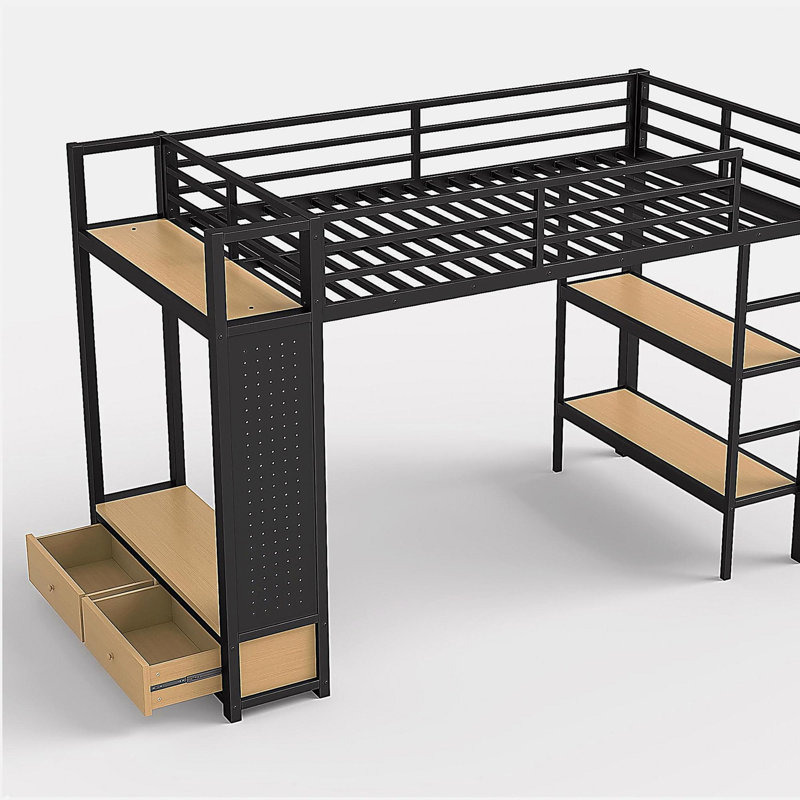 Twin XL size Loft Bed Frame with Wardrobe,Metal Loft Bed with Storage Shelves and Pegboard,Black