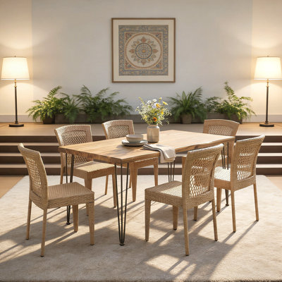 Ensemble de salle à manger 7 pièces pour 6 chaises de table rectangulaires en bois d'acacia et mobilier de patio moderne de 72 pouces