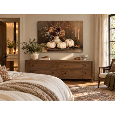 «Warm Clay Autumn», art floral sur toile tendue avec citrouille