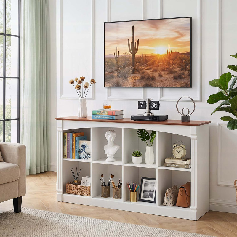 Organisateur de rangement à 8 cubes avec bois à deux tons, bibliothèque à 2 niveaux, moulures décoratives et tablette de rangement ouverte pour une utilisation polyvalente