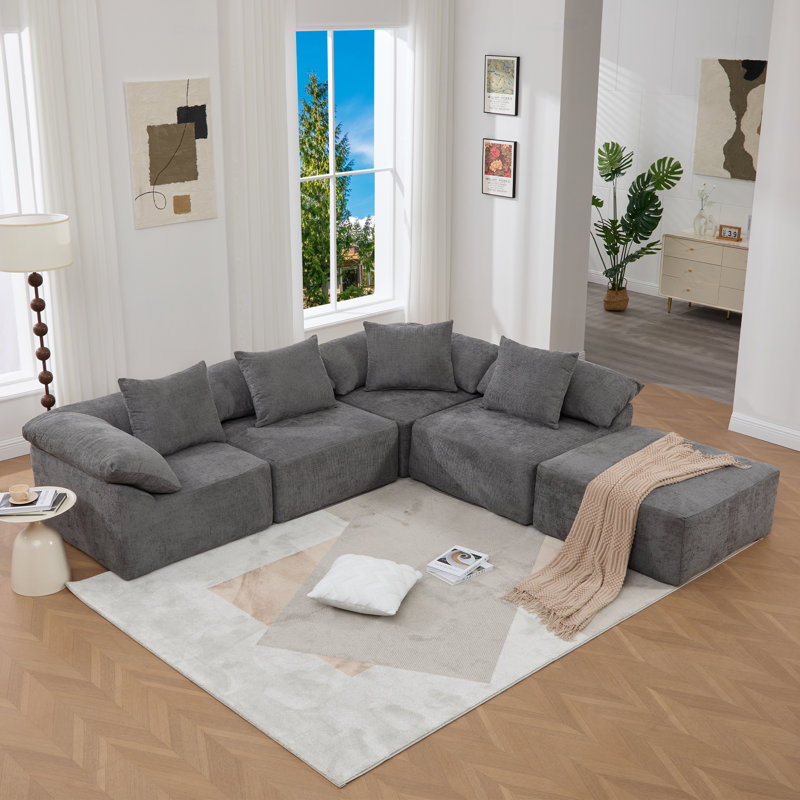 Canapé rembourré 5 pièces en L de 142 po avec méridienne convertible 5 pièces, Gris
