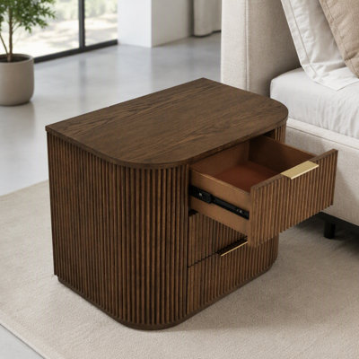 Fluted Solid Wood Nightstand, Modern Bedroom Furniture 3-Drawer Bedside Table, Brown