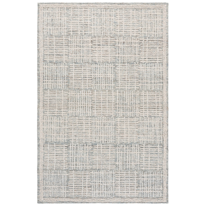 Wenee Abstract Hand Tufted Wool Cotton Geometric Rug in Dark Gray/Ivory, Rectangle 5' x 8'