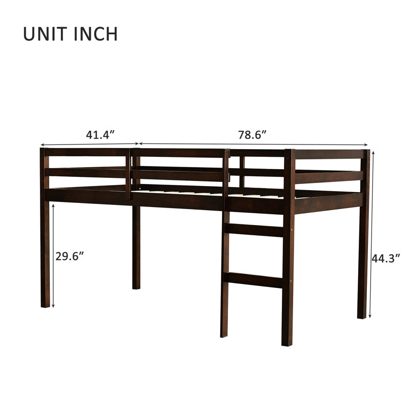 Lit mezzanine simple en bois d'hévéa massif avec échelle, plateforme à lattes robuste, rangement peu encombrant et garde-corps sécuritaires, espresso