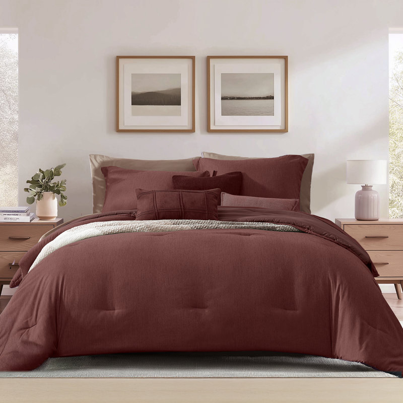 Cationic Comforter Set 7PC, Dark Red, Full Comforter + 6 Additional Pieces