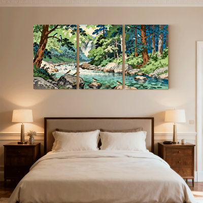 Forêt, oiseaux, roches, cascade, arbres, réflexions, ensemble de 3 impressions sur toile