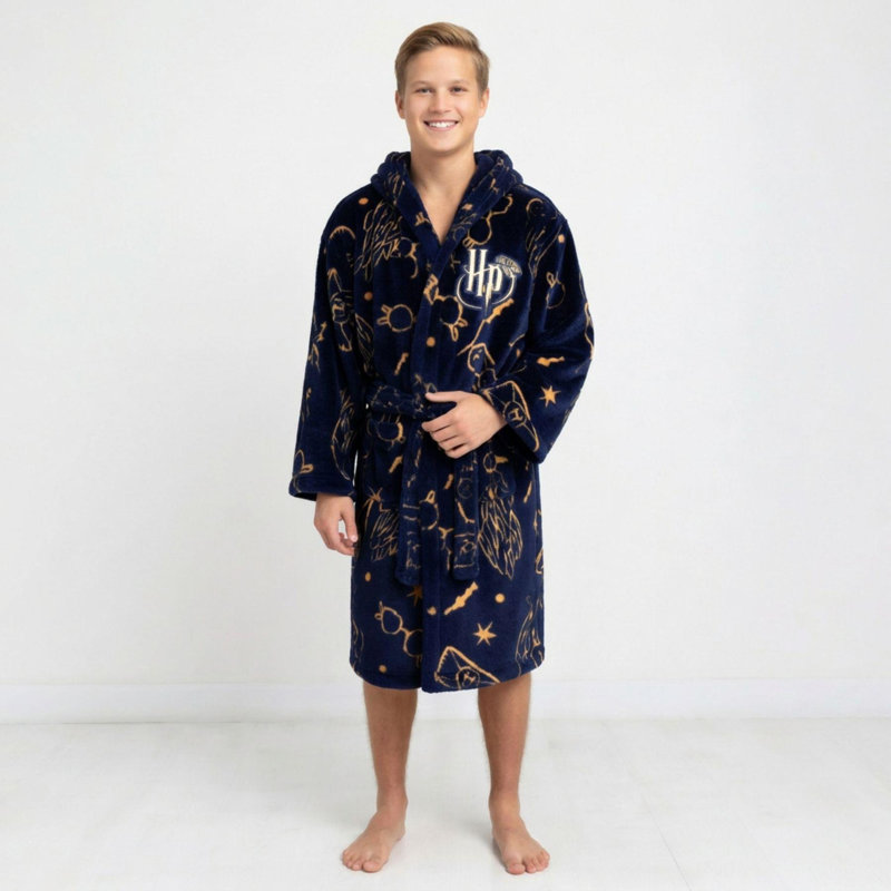 Polyester Fleece Mid-Calf Bathrobe with Pockets and Hood for Kids