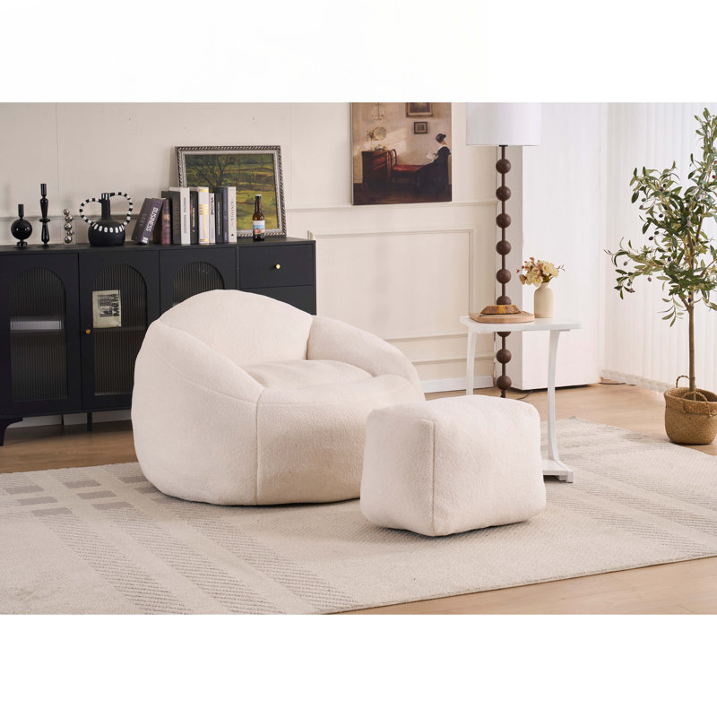 Fauteuil à billes en chenille avec repose-pieds, Chenille Tedy blanche