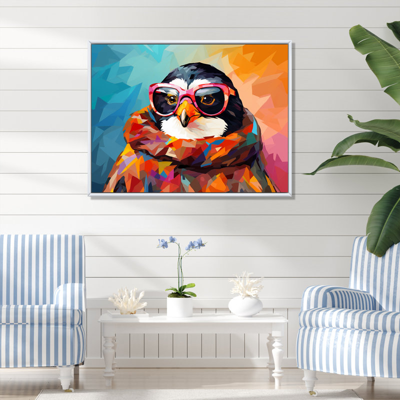 Pop art pingouin avec lunettes de soleil - art mural pingouin, H 30 po x l 40 po x P 1,5 po, Cadre flottant blanc