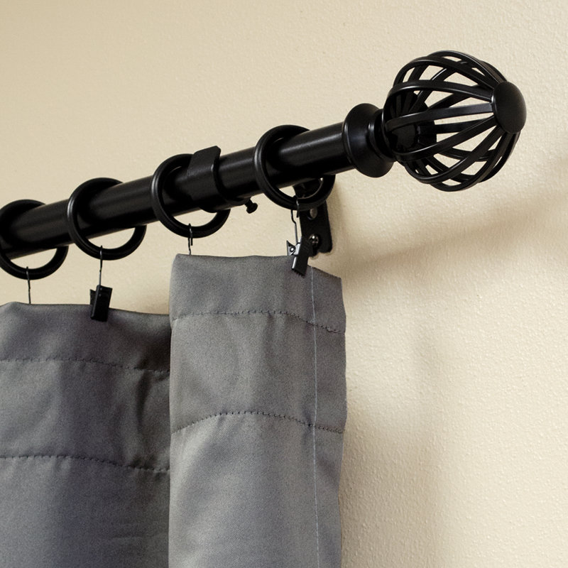 Black Adjustable Steel Single Curtain Rod with Cage Finials