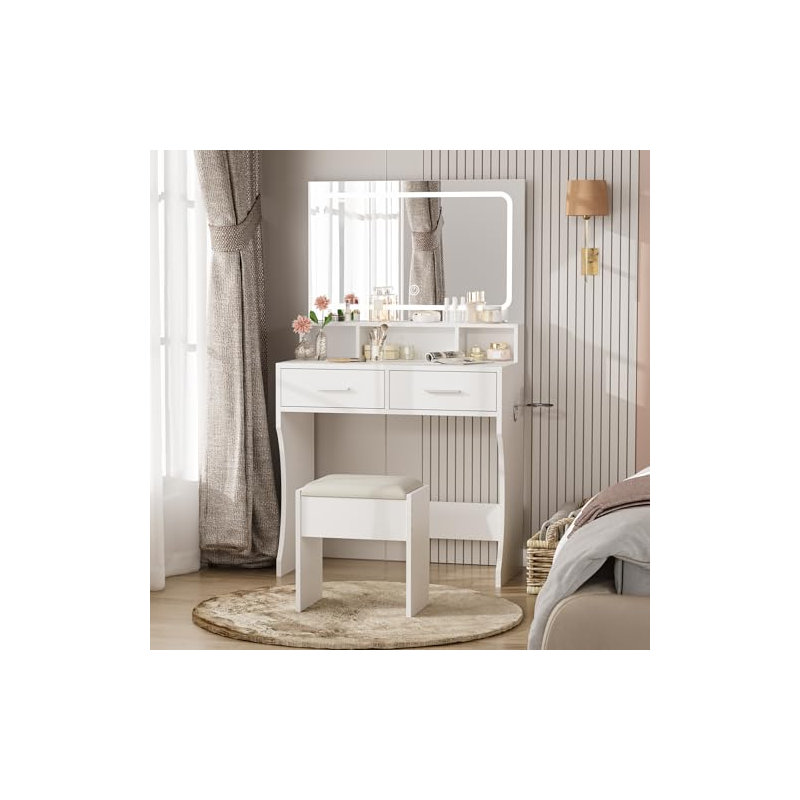 Bedroom Vanity Mirror with LED Lights & Power Outlets – Adjustable Brightness Touch Light Mirror, Makeup Vanity Dressing Table with Stool