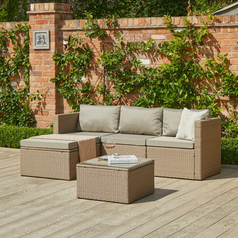 Luzi 4 Seater Rattan Garden Corner Sofa Set with Lean Over Parasol - Natural Weave, Grey