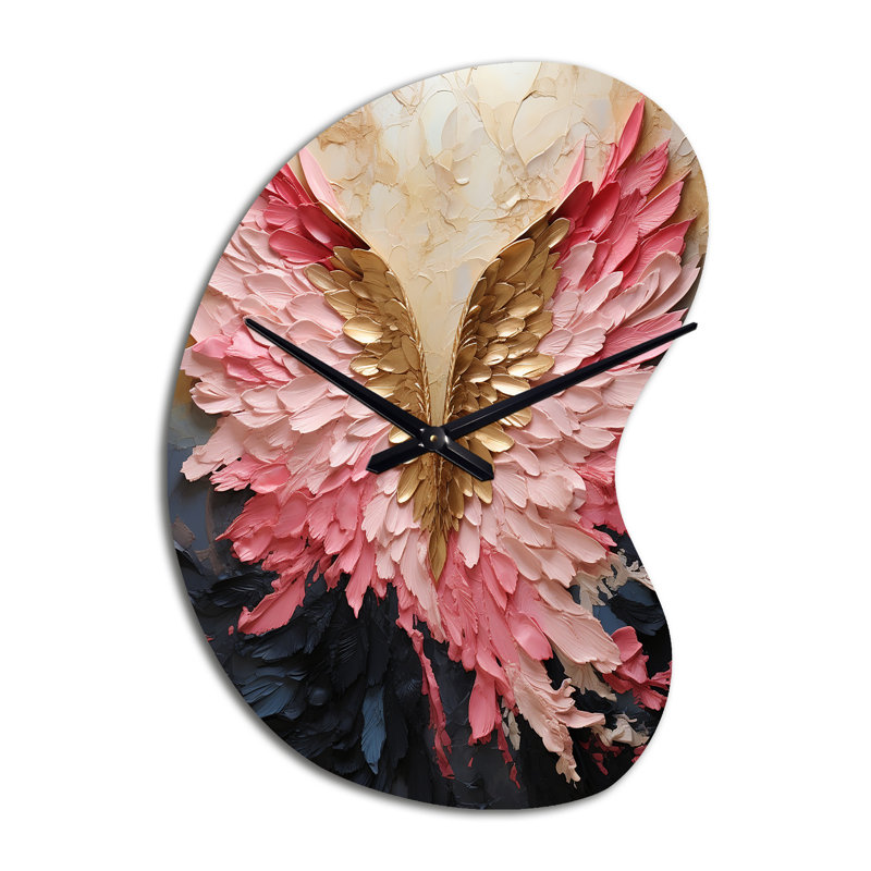 Ailes d'ange roses et dorées - horloge murale asymétrique en métal à spirales abstraites, impression d'horloge murale moderne de forme unique