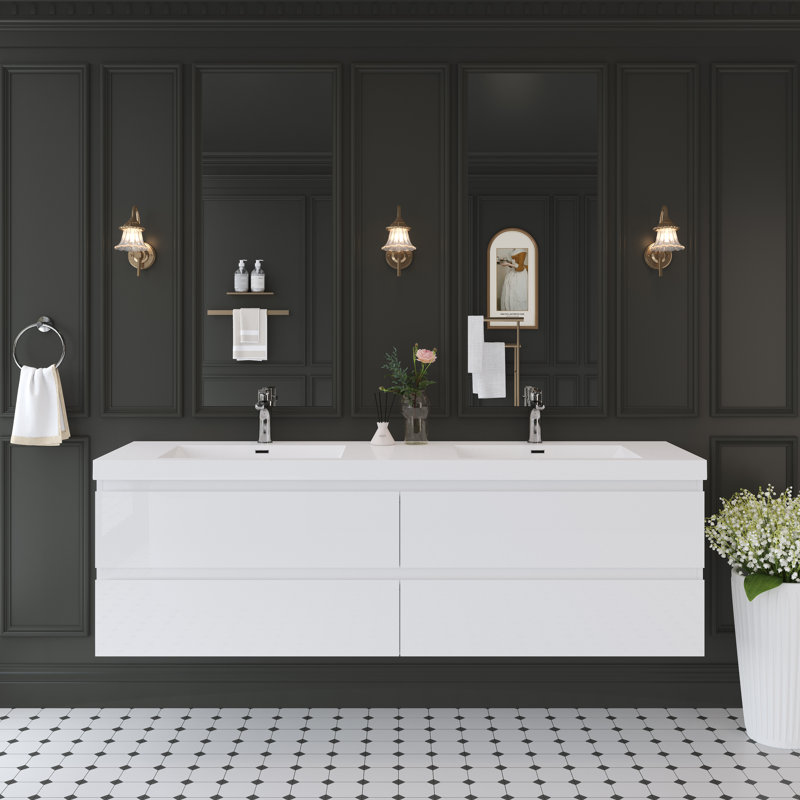 72" Floating Bathroom Vanity Wall-Mounted Storage Vanity with 2 Integrated Resin Top Basins and 4 Soft Close Drawers, Full Assembly