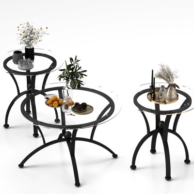 Table basse 3 pièces rustique noire avec verre trempé rond, fabrication pour un décor de salon de style rétro américain unique, structure élégante et surface de verre élégante