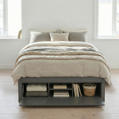 Queen Size Platform Bed Frame with 4 Storage Drawers & Hydraulic Lift Footboard Storage, No Headboard, Modern Space-Saving, Gray