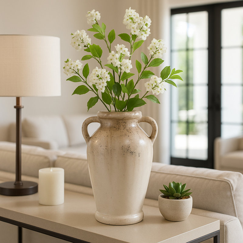 Modern Rustic Terracotta Tall Flower Vase With Speckled Finish - Elevated Home Decor Accent Vases For Table - Ivory/Brown