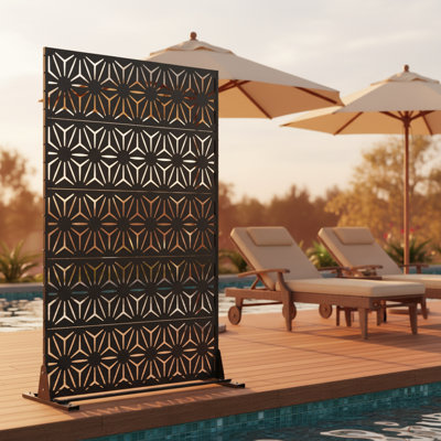 71" H Black Metal Privacy Screen Outdoor, Freestanding 5-Panel Patio Divider Set for Balcony Deck Backyard, Rust-Proof Heavy Duty – 2 Assembly Options, Geometric Stars