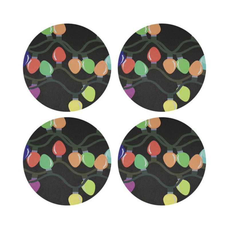 Xmas Tangle Black Vegan Leather Round Coasters, Black