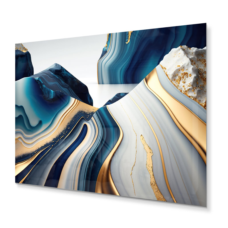 Abstrait géométrique vagues bleues et dorées I - décoration murale abstraite en métal, H 24 po x l 32 po