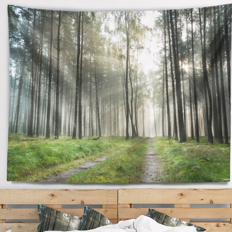 Sentier dans la forêt brumeuse au coucher du soleil tapisserie, H 50 po x l 60 po