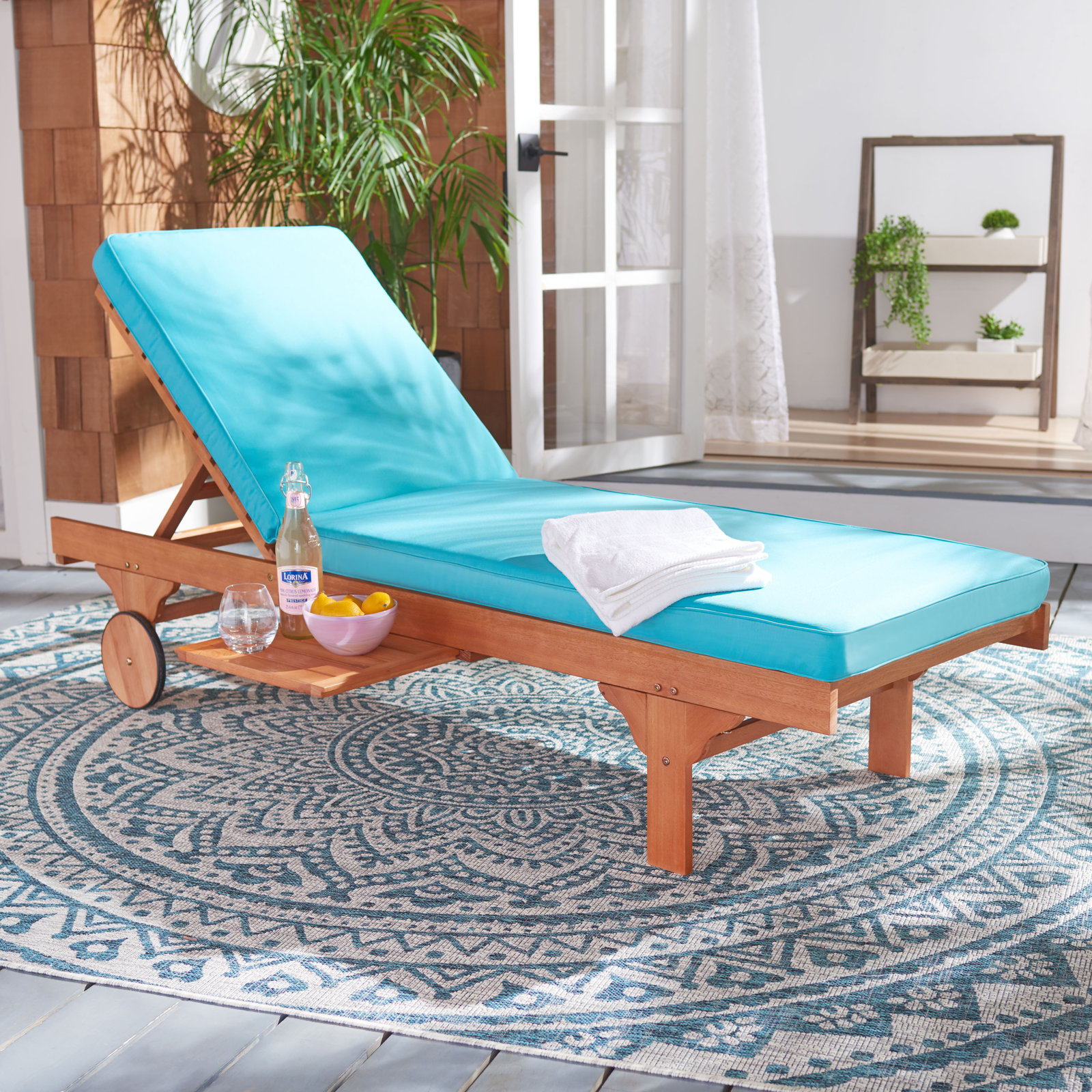27.6'' Outdoor Eucalyptus Chaise Lounge, Natural, Aqua