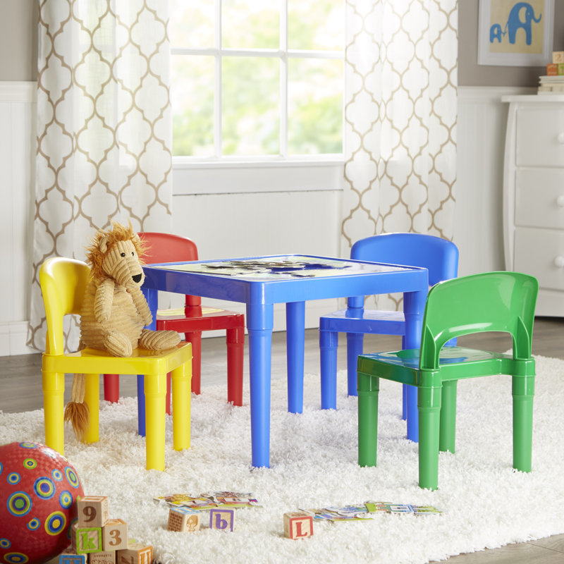 Kids 5 Piece Square Play Or Activity Table and Chair Set, Aqua/Green/Yellow/Purple/Orange